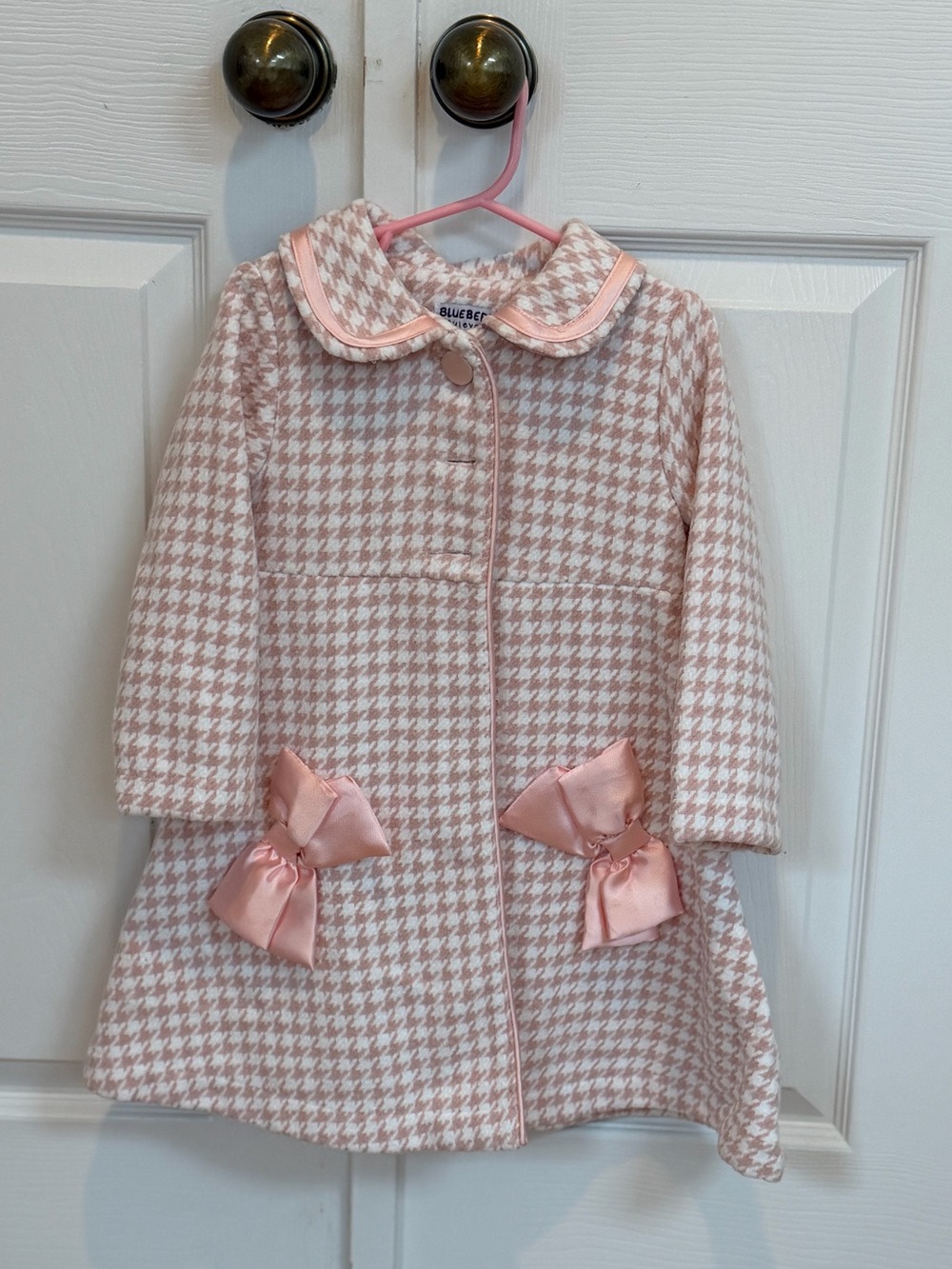 Blueberi Boulevard Pink Houndstooth Coat with Satin Bows